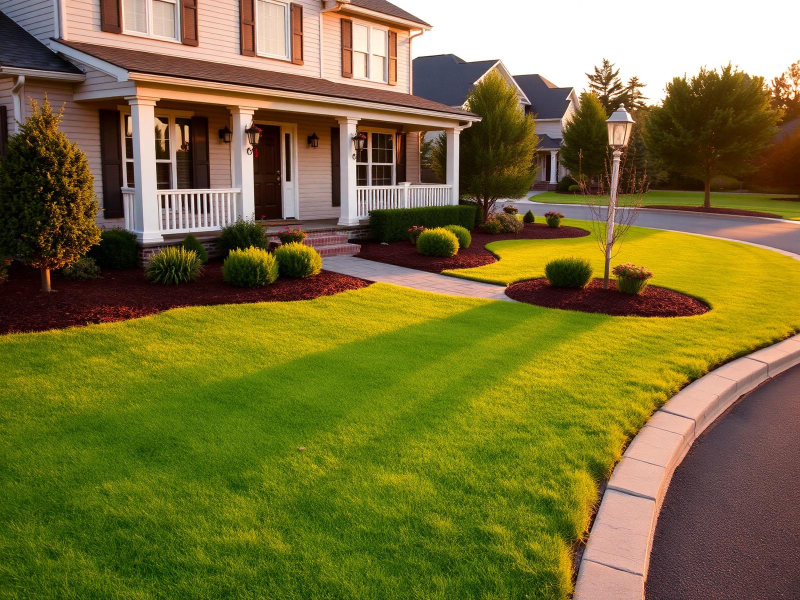 Freshly mowed lawn with a paver walkway and mulched beds